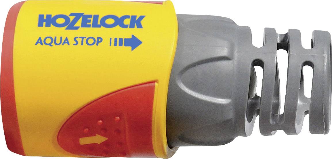 Žluté připojení hadice Hozelock Aqua-Stop s červeným spodkem a šedým spojovacím systémem pro zahradní hadice.