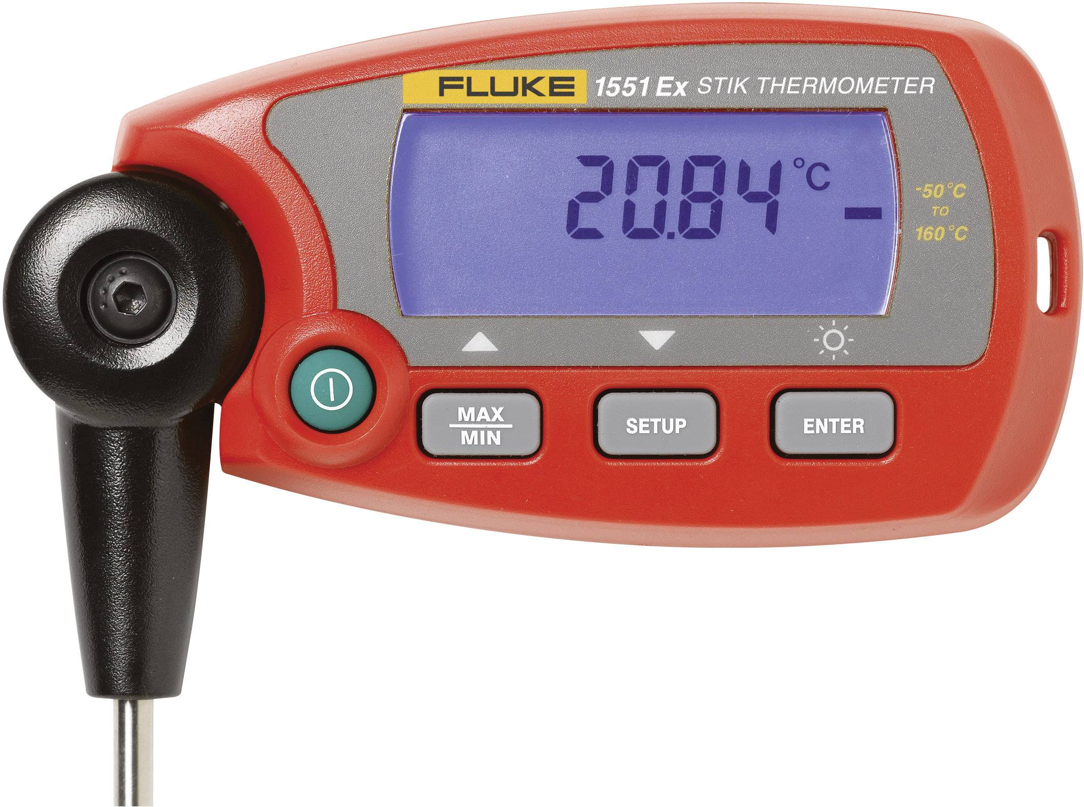 Digitální teploměr ukazuje '20,84 °C'. Zařízení pro měření teploty s tlačítky pro Max/Min, nastavení a Enter.