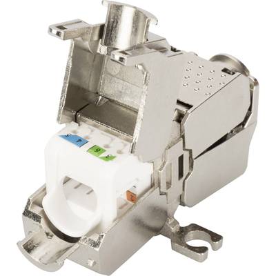 Kovový síťový konektor RJ45 v otevřené poloze, zobrazující barevné kódování pro připojení kabelů.