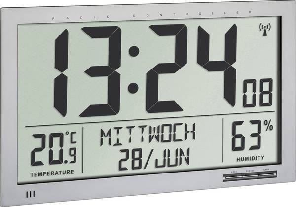 TFA Dostmann 60.4517.54 DCF nástěnné hodiny 36.8 cm x 23 cm x 2.9 cm, stříbrná, velký displej