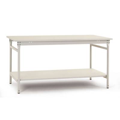 Bílý stůl s dolní odkládací plochou, vhodný jako pracovní nebo psací stůl. Klasický design s čistými liniemi.