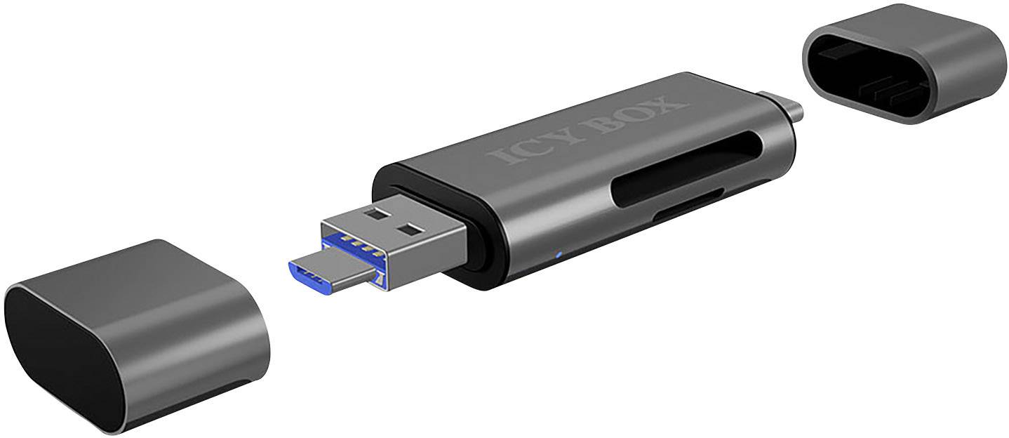 Černý USB flash disk s modrým konektorem, s odnímatelným krytem na obou koncích. Na flash disku je viditelný text 'ICY BOX'.