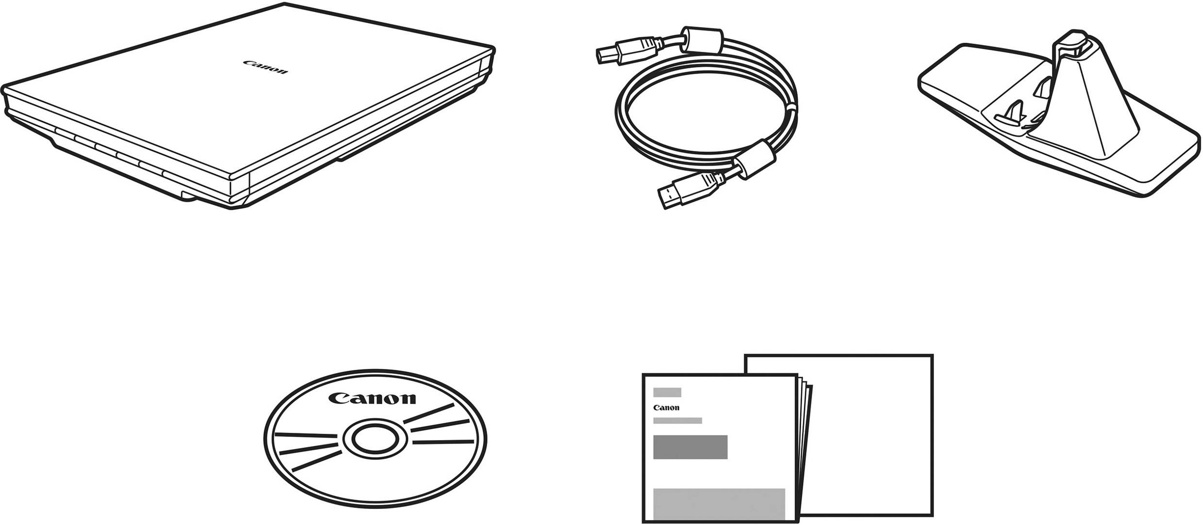 Scanner s příslušenstvím: USB kabel, držák, CD a manuály. Pro digitální skenování dokumentů.
