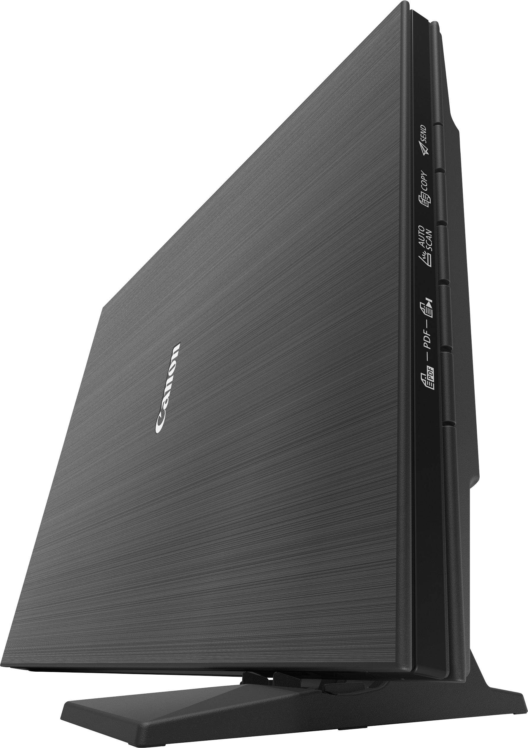 Černý Canon skener ve vzpřímené poloze na stojanu, pohled z boku. Logo značky uprostřed. Jednoduché, moderní designové řešení.