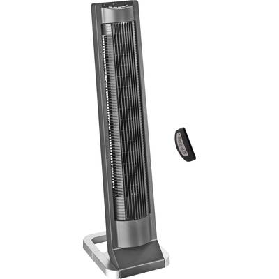 Černý sloupový ventilátor s dálkovým ovládáním. Ventilátor je štíhlý a vysoký, hodí se pro chlazení místností.