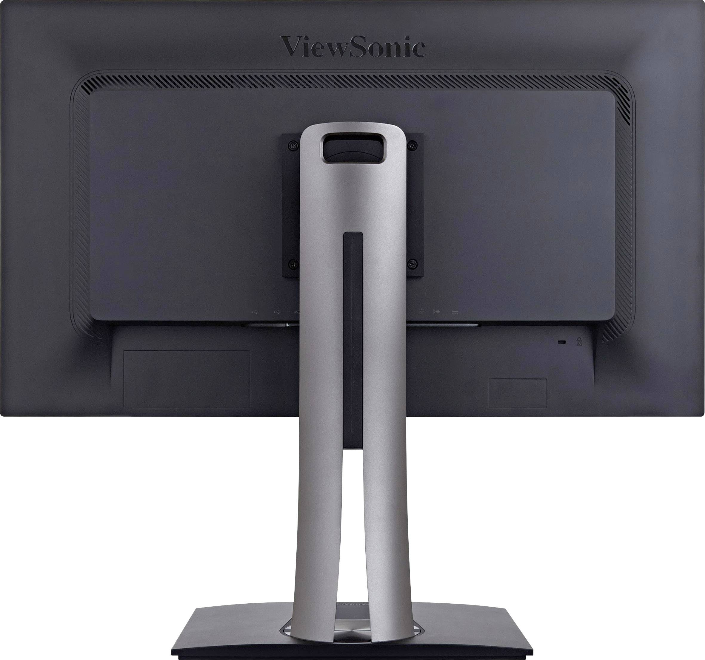 Černý monitor ViewSonic pohledem zezadu, s elegantním stříbrným stojanem.
