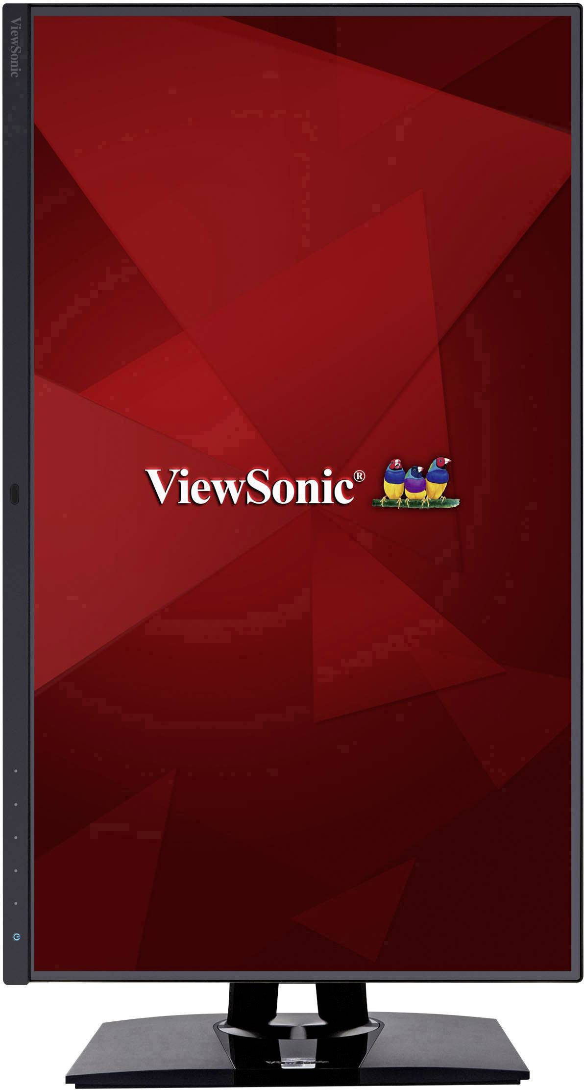 Vertikální počítačový monitor značky ViewSonic s červeným geometrickým pozadím a logem ViewSonic uprostřed.