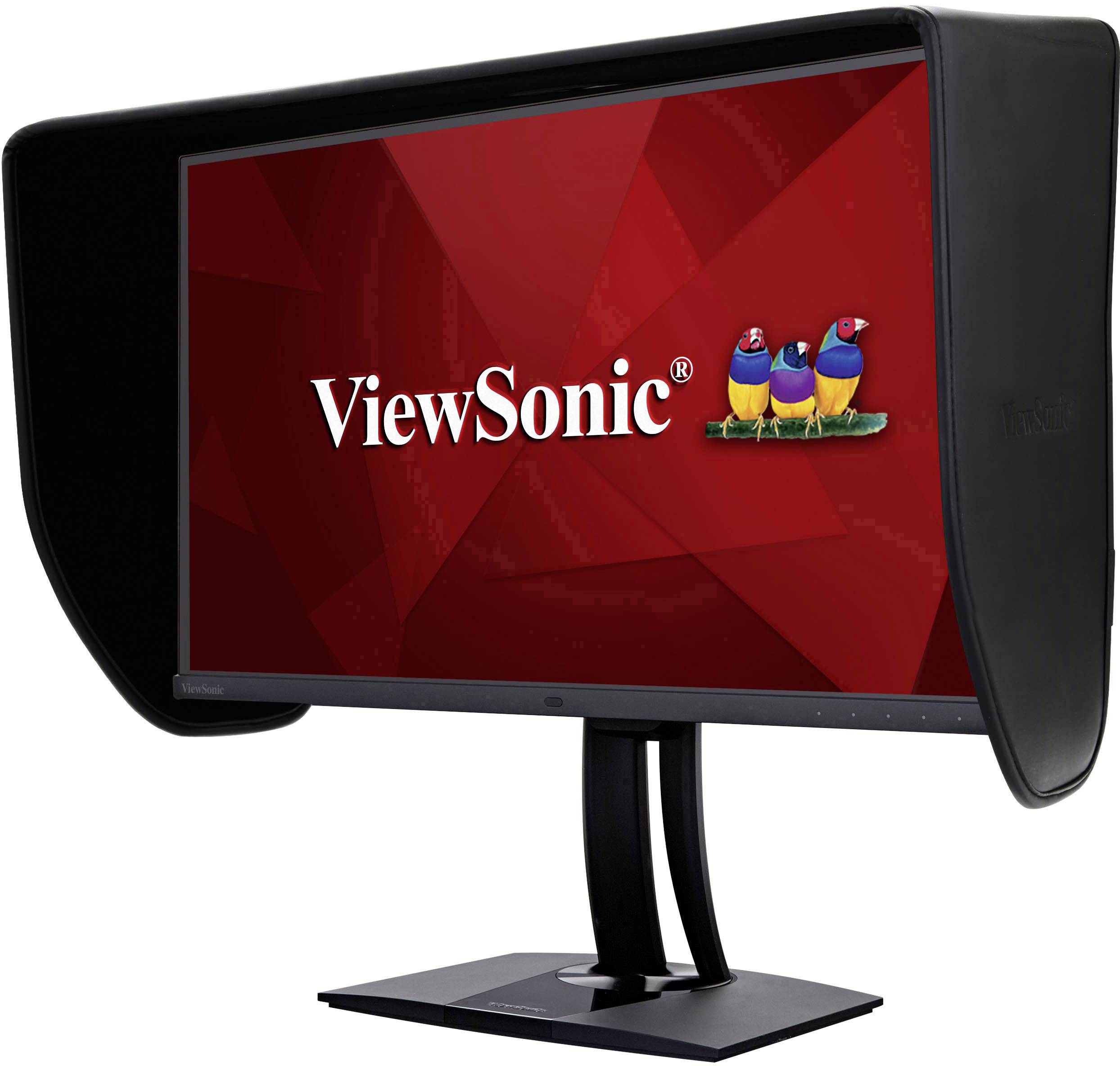 Monitor s filtrační clonou, na červeném displeji je nápis 'ViewSonic' s třemi barevnými ptáky, optimální pro profesionální úpravu obrazu.