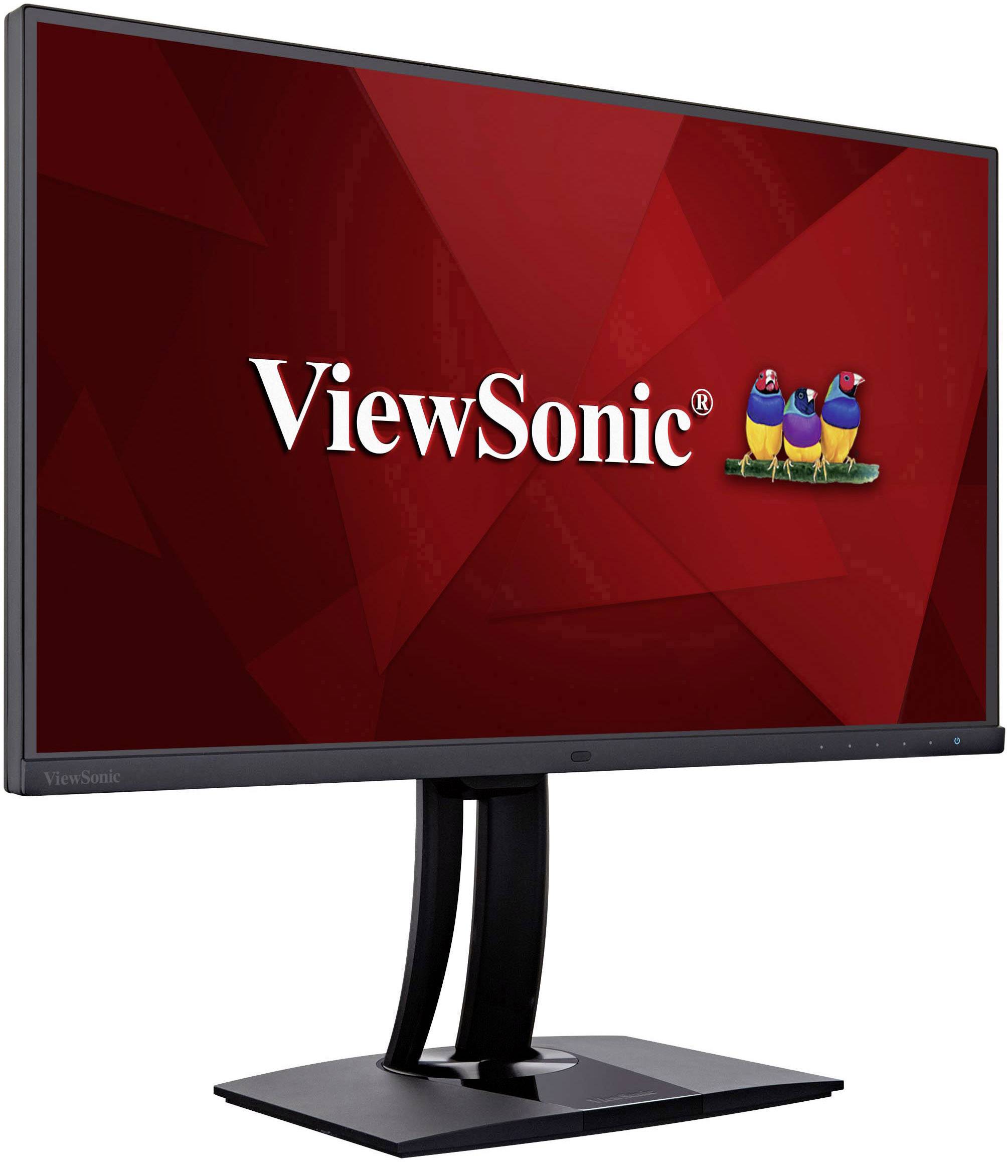 Černý počítačový monitor s nápisem 'ViewSonic' a barevnými logy ptáků na červeně vzorovaném pozadí.