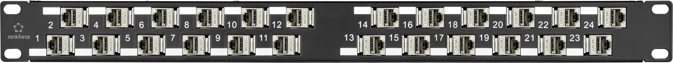 Patch panel se 24 ethernetovými porty pro síťová připojení, symetricky uspořádané ve dvou řadách. Indikační světla v horním levém rohu.