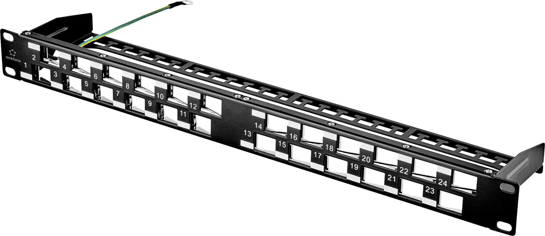 Prázdný síťový patch panel se 24 porty. Obsahuje očíslované sloty pro vložení kabelových připojení, bez instalovaných kabelů.