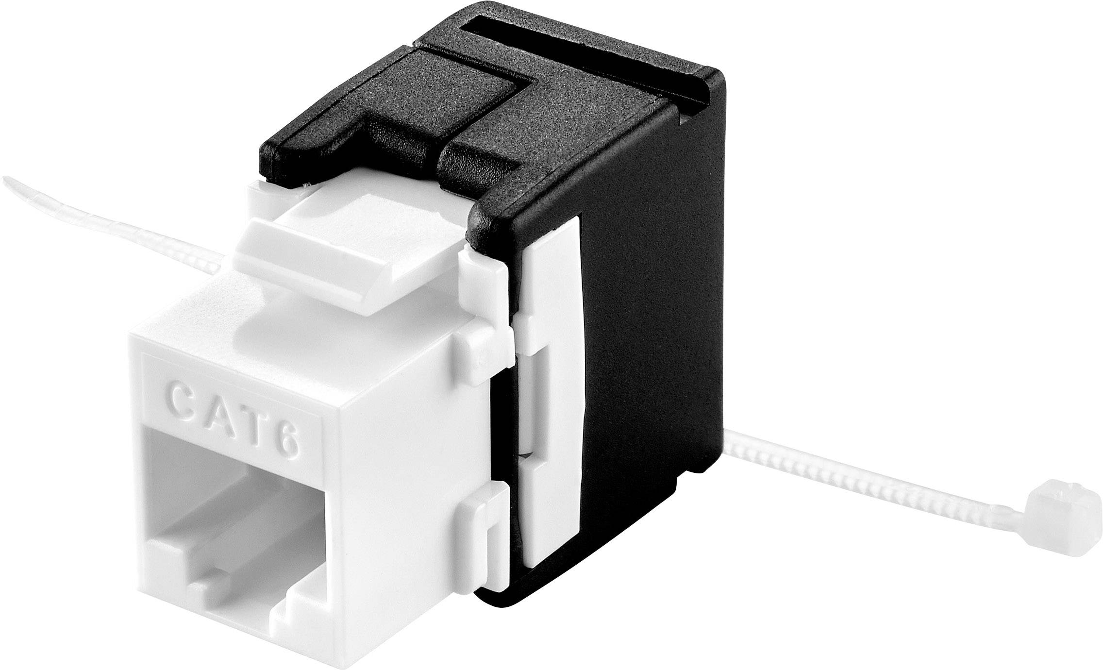 Síťový konektor Cat6 v černé a bílé barvě s integrovanou kabelovou svorkou, vhodný pro použití v ethernetových sítích.