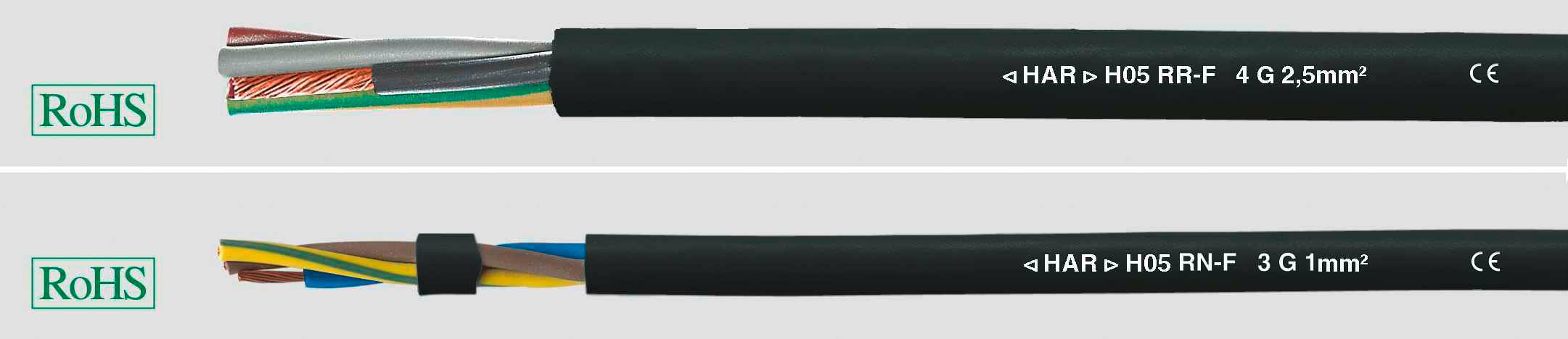 Dva elektrické kabely s CE označením. Horní kabel: 4G 2,5mm², spodní kabel: 3G 1mm². Certifikováno RoHS.