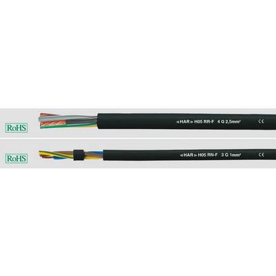 Nahoře: Kabel se čtyřmi barevnými vodiči s nápisem 'H05 RR-F 4 G 2,5mm²'. Dole: Kabel se třemi barevnými vodiči 'H05 RR-F 3 G 1mm²'. Oba opatřeny logem RoHS.