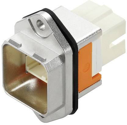 USB konektor v kovovém pouzdře s oranžovou a bílou plastovou částí, vhodný pro připojení elektronických zařízení.