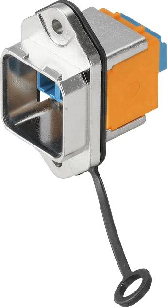 Konstrukční prvek s kovovým obdélníkovým pouzdrem, oranžovou a modrou plastovou komponentou. Oblast použití: elektronika, spojovací technika.