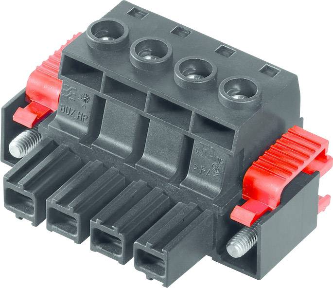 Černý a červený elektrický konektor s vícenásobnými vstupy a šroubovými svorkami, vhodný pro kabelové práce.