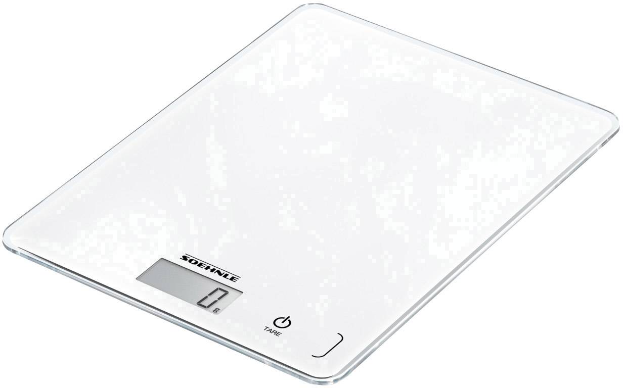 Elektronická kuchyňská váha s digitálním displejem zobrazuje '0' gramů. Bílý, obdélníkový povrch s dotykovou obsluhou.