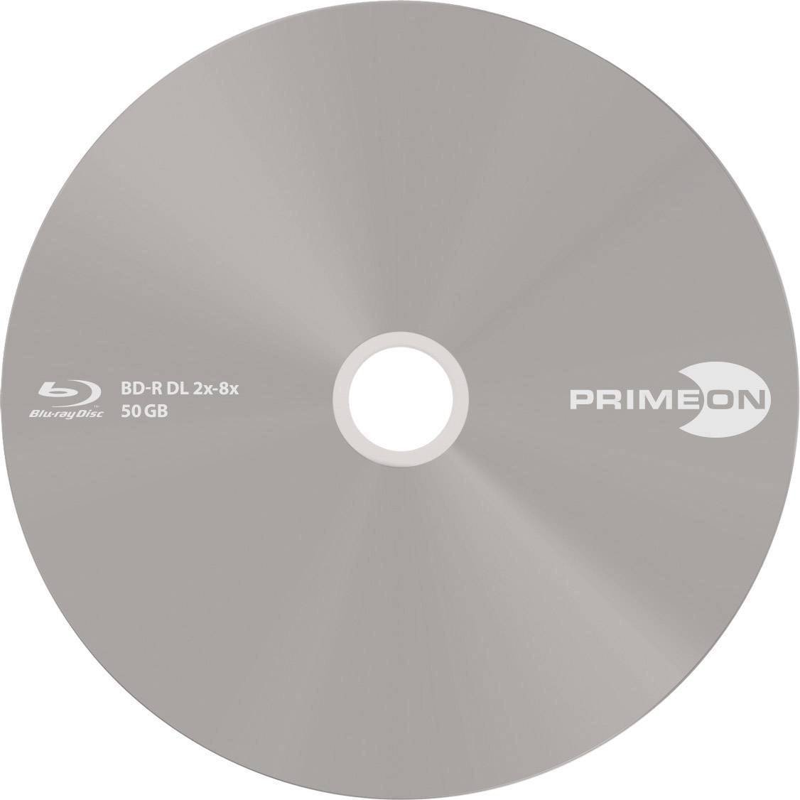 Stříbrný disk Blu-ray značky 'Primeon' se specifikacemi 'BD-R DL 2x-8x, 50 GB'.