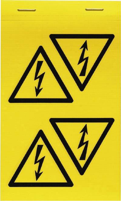 Žluté výstražné znamení se čtyřmi černými trojúhelníky, které každý obsahuje symbol blesku. Varování před elektrickým nebezpečím.