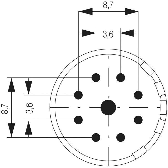 Technický diagram znázorňuje rozměry kruhového konektorového připojení s několika piny. Rozměry: průměr 8,7 mm, vzdálenost pinů 3,6 mm.