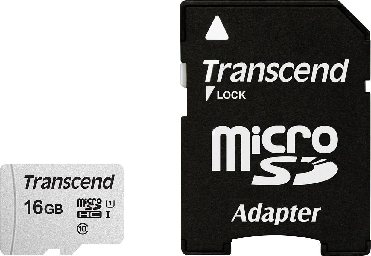 Karta Transcend MicroSD o kapacitě 16 GB s příslušným adaptérem karty. Karta je bílá, adaptér je černý.