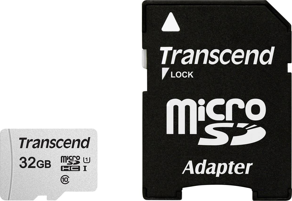Bílá 32GB mikroSD paměťová karta Transcend vedle černého mikroSD adaptéru Transcend.