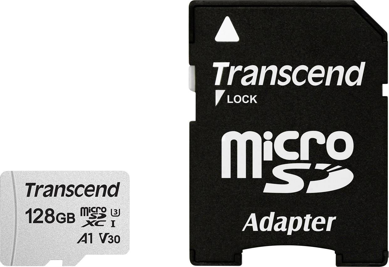Malá bílá microSD karta s nápisem 'Transcend 128GB' vedle černého SD adaptéru s nápisem 'microSD adaptér'.