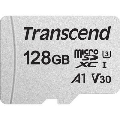 Šedá mikroSD karta od Transcendu s kapacitou 128 GB. Označená jako 'microSD XC I' s symboly rychlosti a třídy: U3, A1, V30.