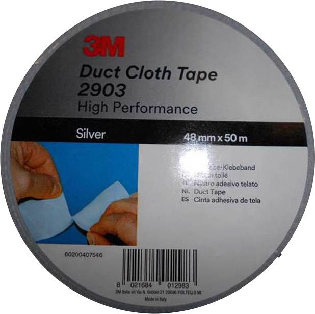 Kulatý obal pro stříbrnou textilní pásku značky 3M. Nápis: 'Duct Cloth Tape 2903', rozměr: '48 mm x 50 m'.