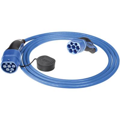 Modrý elektrický kabel se dvěma různými konektory na koncích, vhodný pro nabíjení elektrických vozidel.