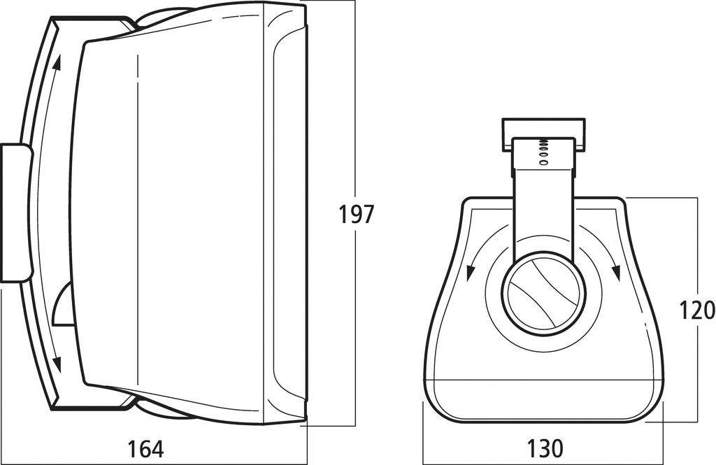 Technický výkres držáku monitoru a stolního ramene s rozměry: výška 197 mm, šířka 164 mm, hloubka 130 mm.