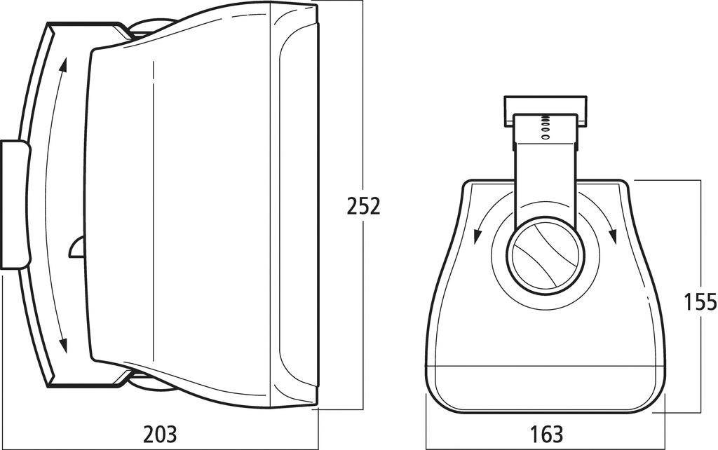 Technický výkres obrazovky s katodovou trubicí s pohledem z boku a shora, zobrazující rozměry 252x203 mm (boční pohled) a 163x155 mm (pohled shora).