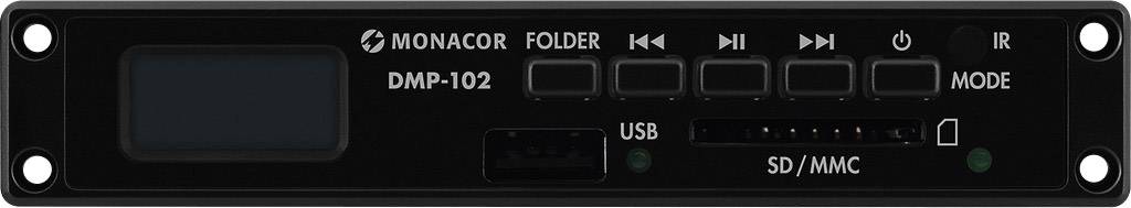 Černý ovládací panel Monacor DMP-102 s tlačítky pro výběr složky, přehrávání, pozastavení a USB vstupem.