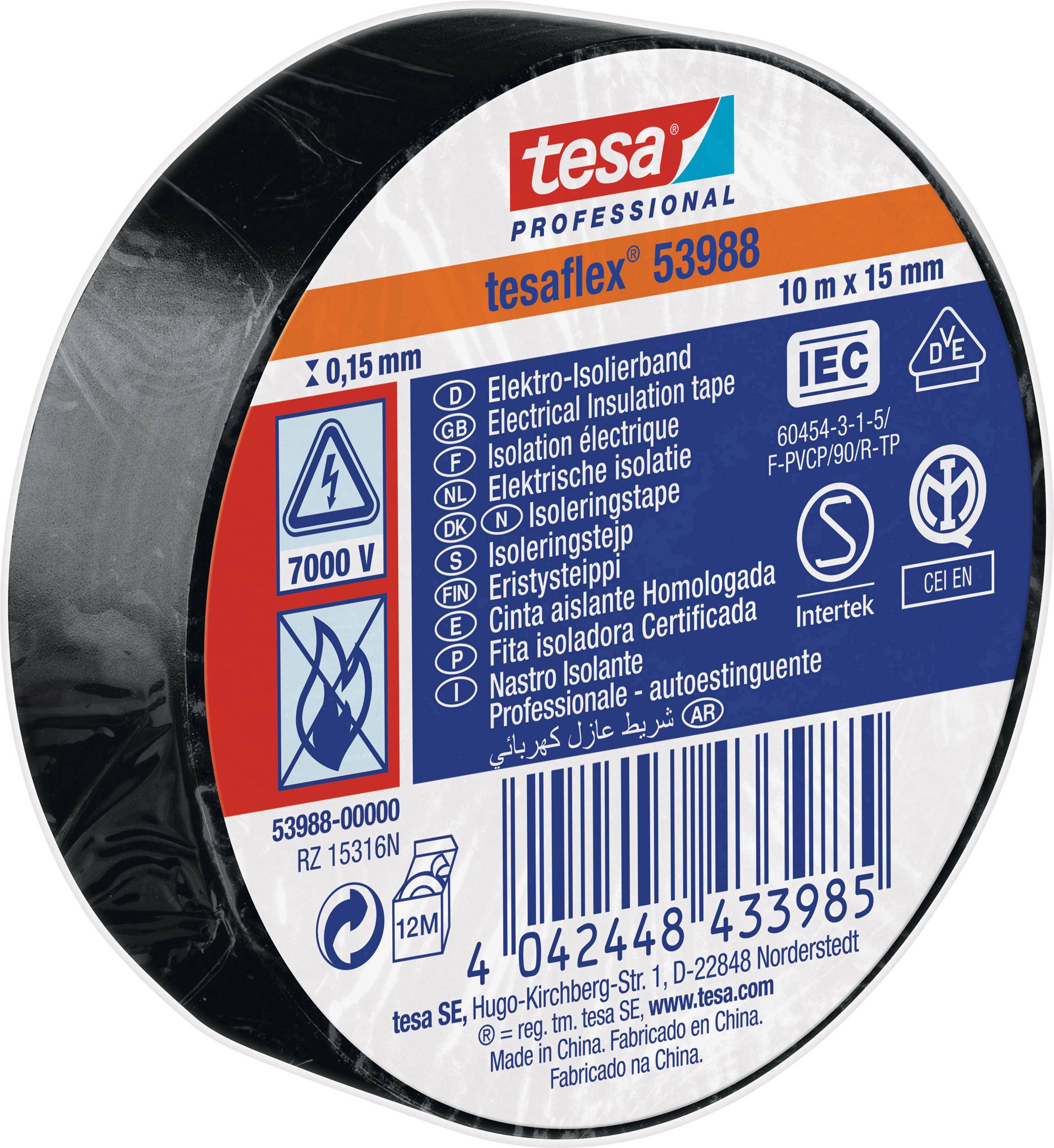Černá elektroizolační páska 'tesaflex® 53988', role 10 m x 15 mm, vhodná pro napětí až do 7000 V, včetně bezpečnostních pokynů.