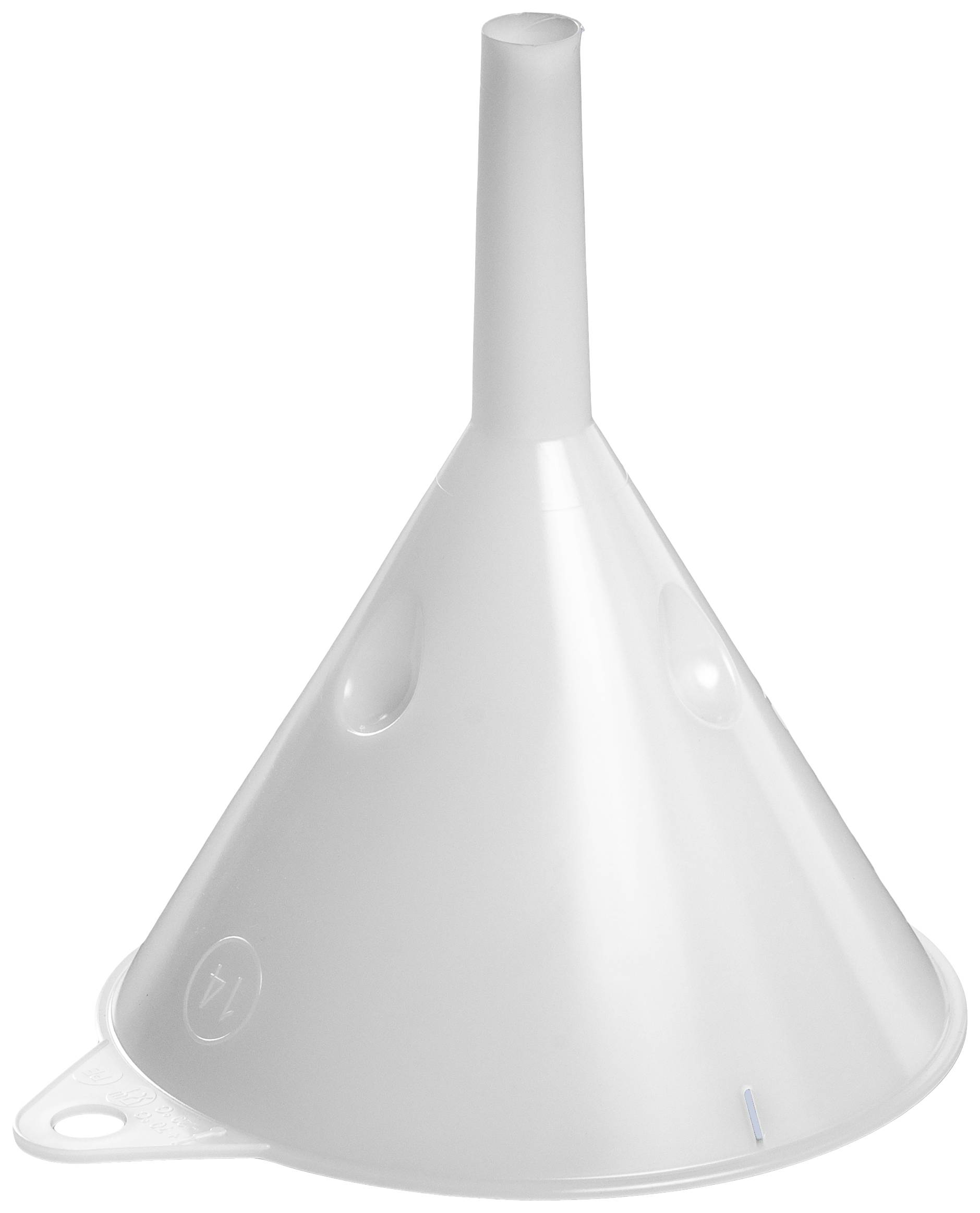 Bílý trychtýř s úzkým výtokem, často používaný pro kontrolované nalévání kapalin.