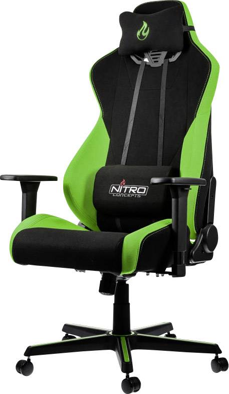 Černá a zelená herní židle s nastavitelnými opěrkami rukou a hlavovou opěrkou, označená logem 'Nitro Concepts'.