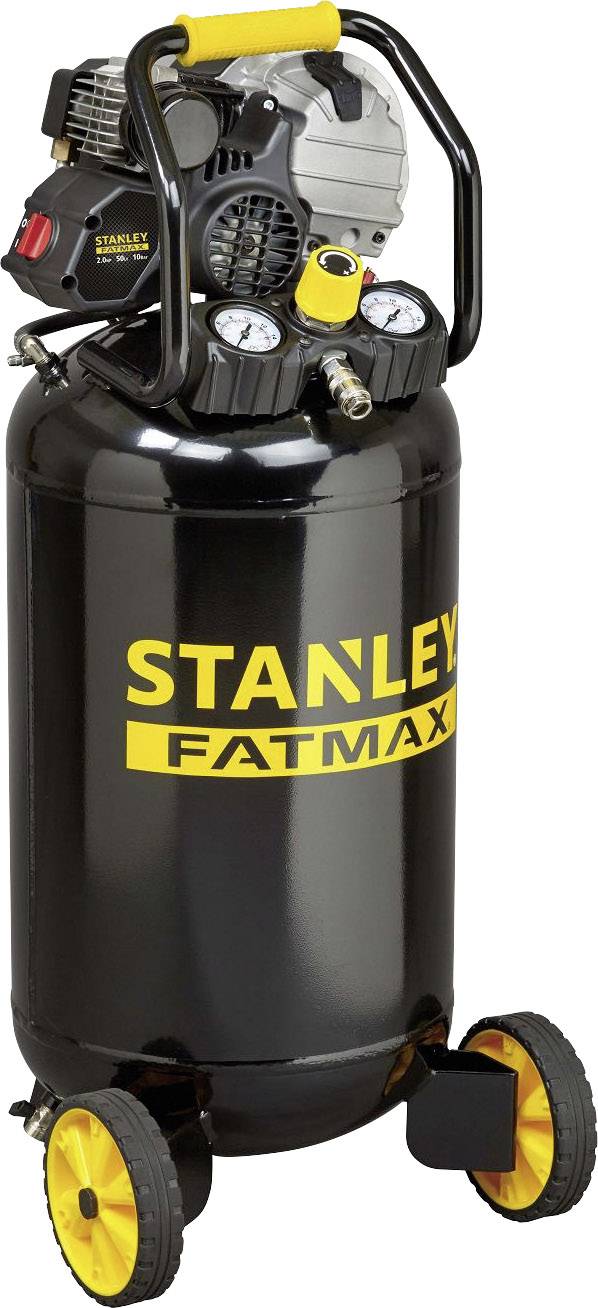 Černý kompresor Stanley Fatmax s žlutými koly a rukojetí. Dva manometry nahoře ukazují hodnoty tlaku.