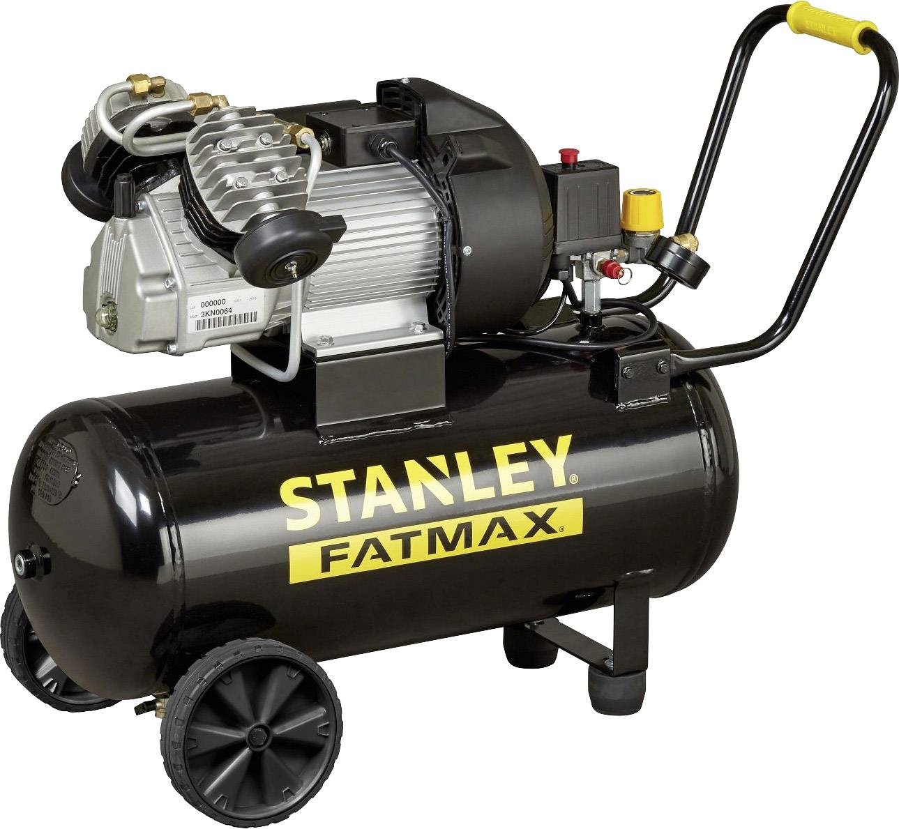 Černý Stanley Fatmax kompresor s koly a rukojetí. Horní motorová část v stříbrné a černé barvě s žlutým tlačítkem.