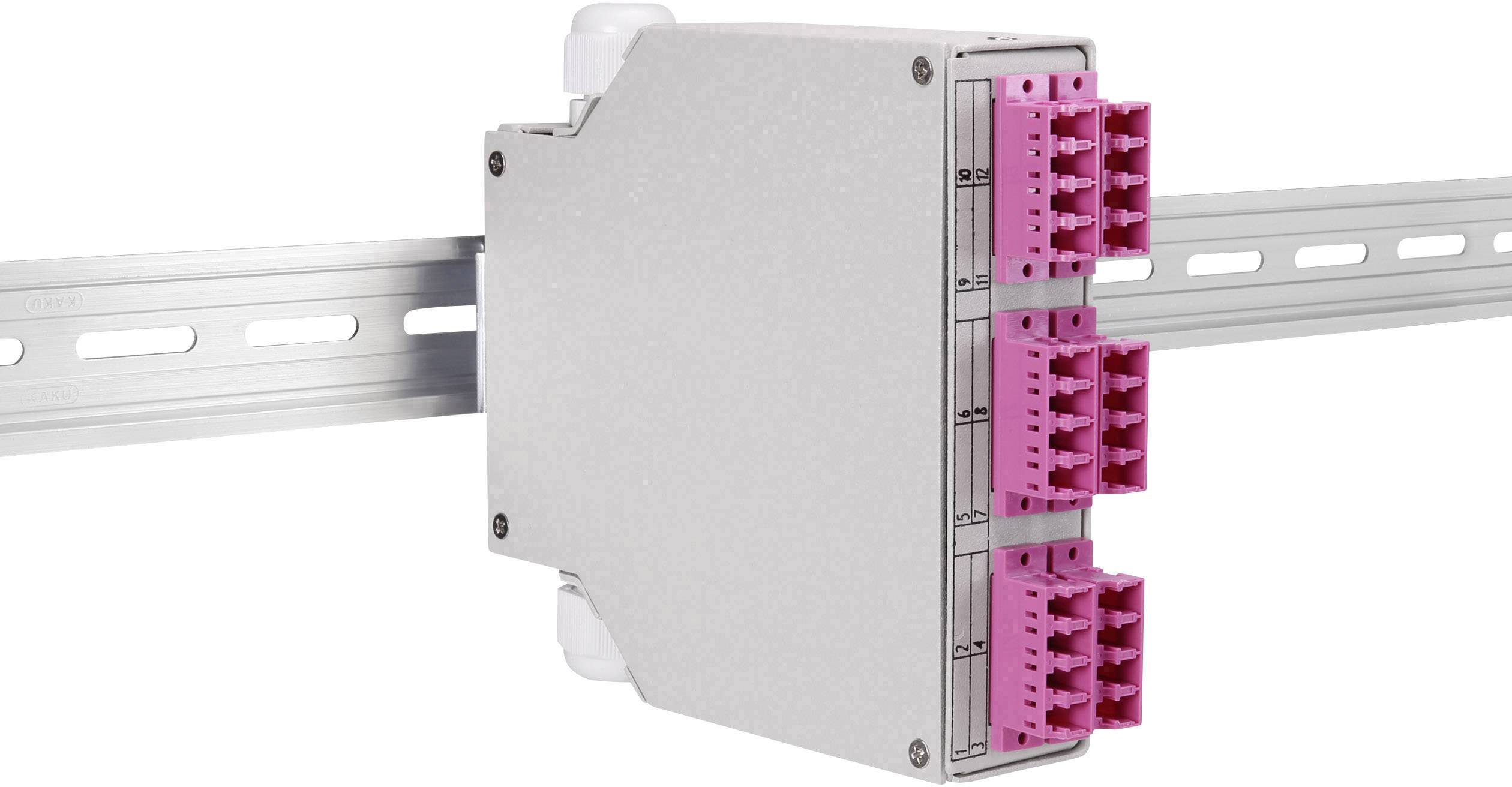 Šedý elektronický modul s růžovými konektory je namontován na kovovém kolejnicovém vedení. Má dvě řady, přičemž každá řada obsahuje šest konektorů.