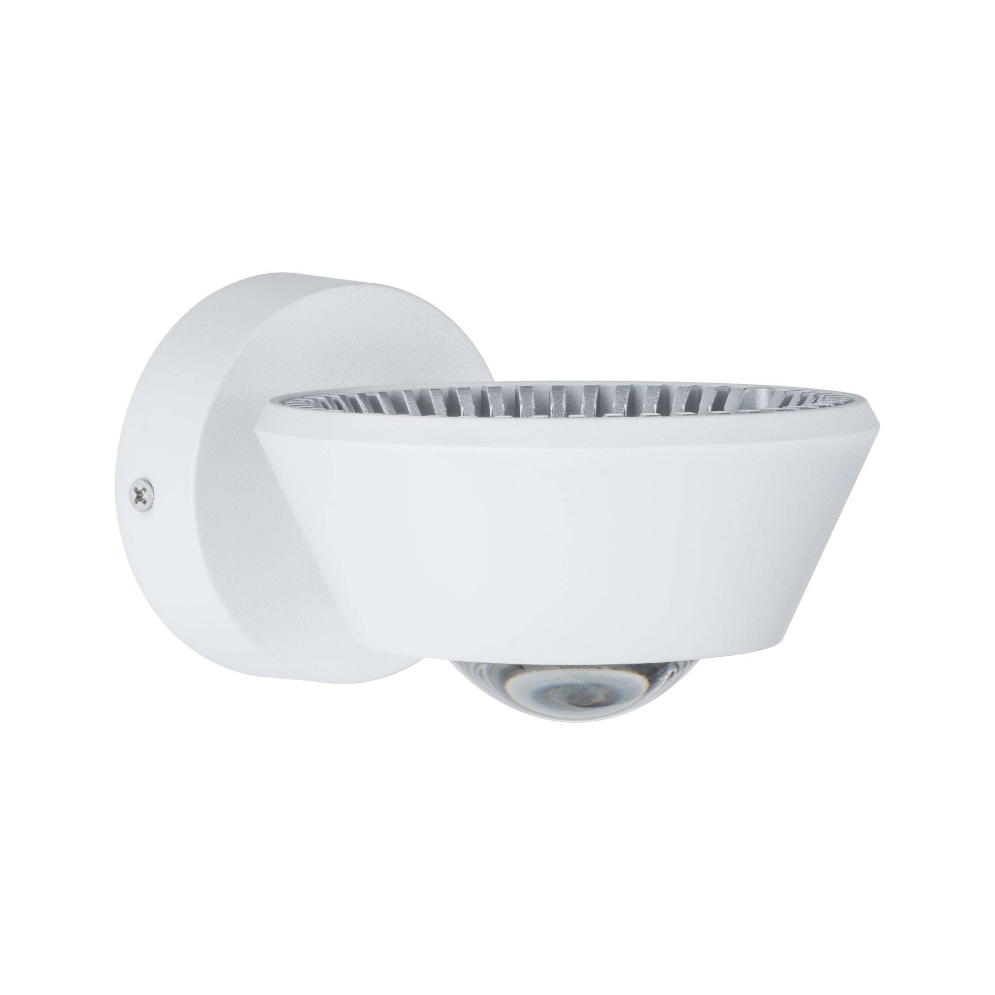 Bílé nástěnné svítidlo s polokulatým stínidlem směřujícím dolů a integrovaným světelným zdrojem. Jednoduché, moderní designové provedení.
