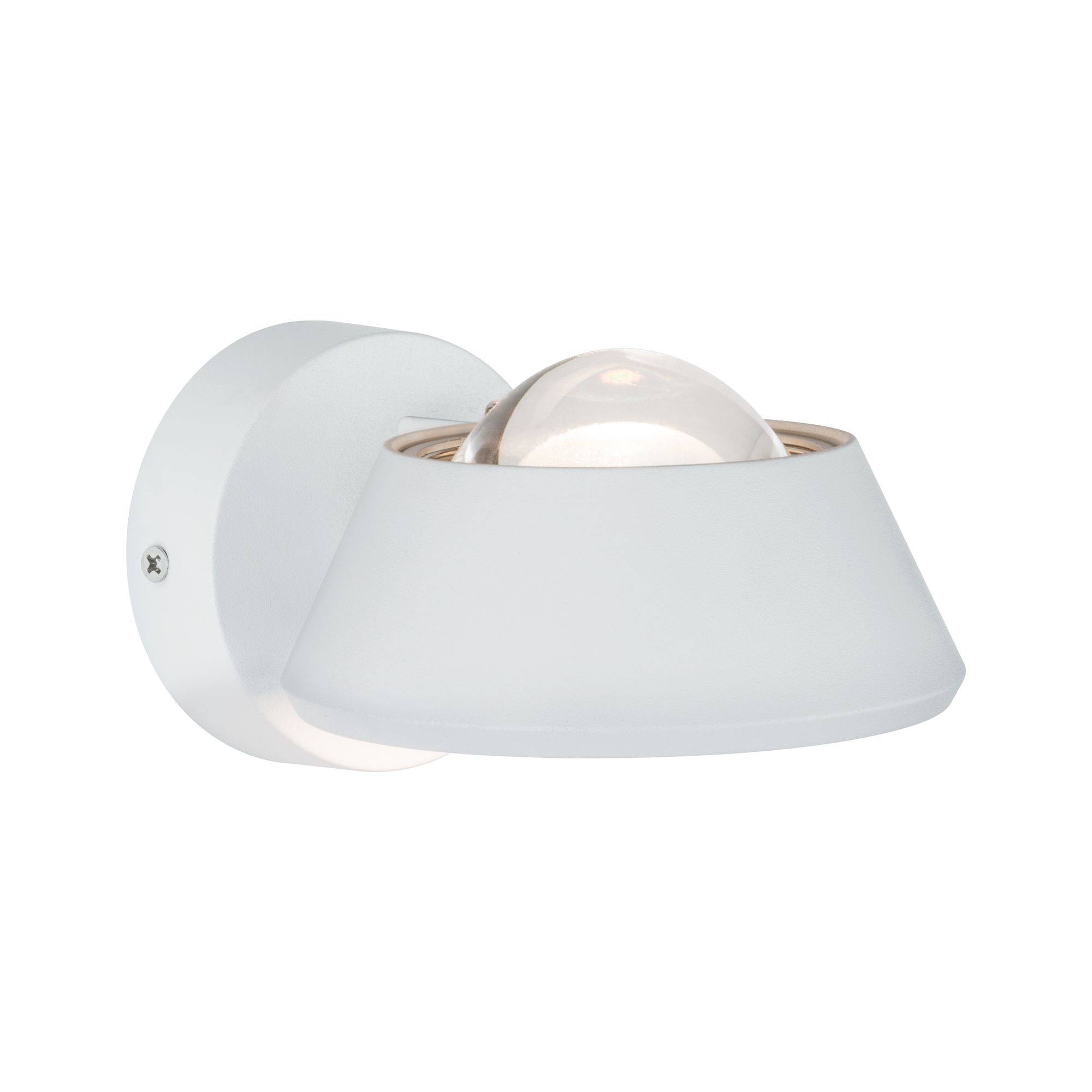 Bílá, moderní nástěnná lampa s kulatým, otočným stínidlem a kulovitým skleněným krytem, vhodná pro vnitřní osvětlení.