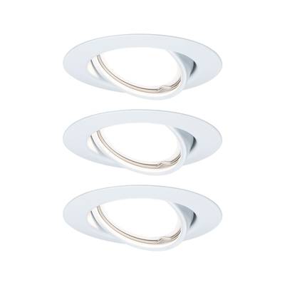 Tři kulaté vestavné LED svítidla v bílé barvě s otočným designem, umístěné nad sebou na bílém pozadí. Ideální pro moderní interiéry.