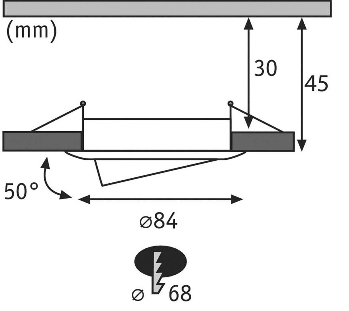 Technický výkres řezu vestavěného svítidla. Nahoře rozměry 30 a 45 mm, vestavný úhel 50°. Rozměry průměru: Ø84 a Ø68 mm.