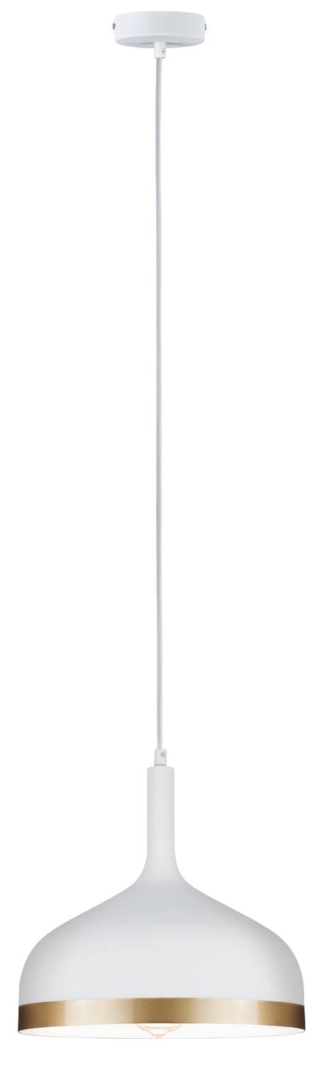 Bílé závěsné svítidlo se zlatou ozdobnou linkou a minimalistickým designem.