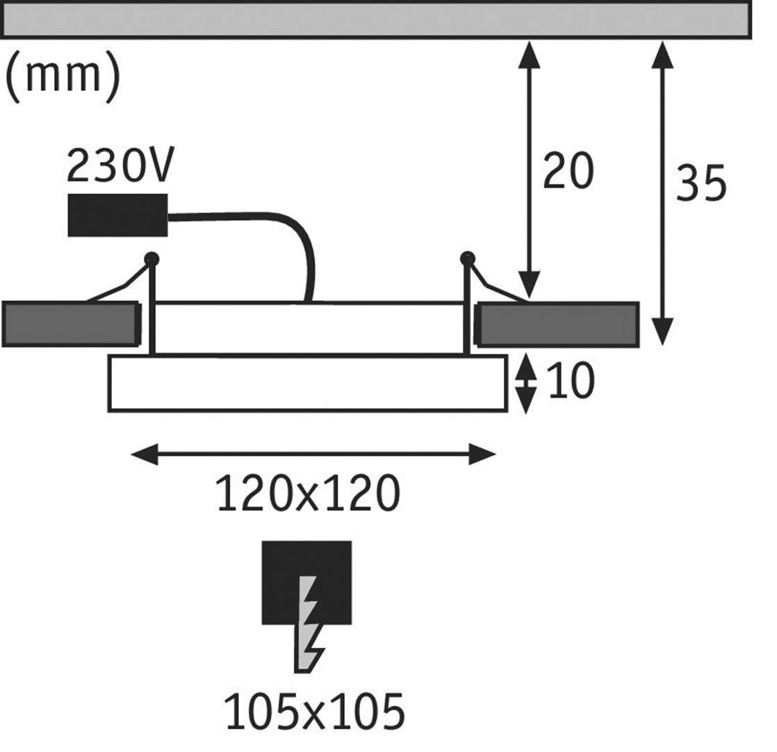 Diagram znázorňuje schéma zapojení elektrické instalace. Popisky: 230V, rozměry 120x120 mm a 105x105 mm.