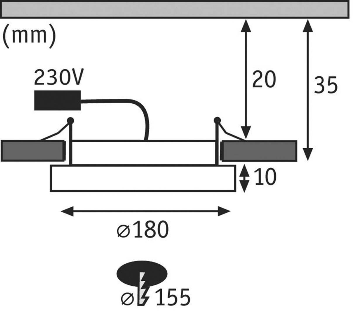 'Technický výkres stropního svítidla: Připojení 230V, celková výška 35 mm, výška svítidla 20 mm, distanční prvek 10 mm, průměr 180 mm, průměr montážního otvoru 155 mm.'