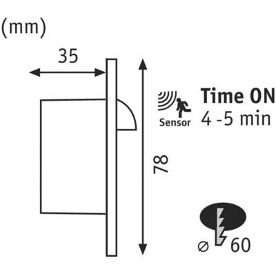 Technický výkres senzoru: rozměry 78 mm na výšku a 35 mm na šířku. Aktivuje se při pohybu na 4-5 minut, průměr montážního otvoru 60 mm.