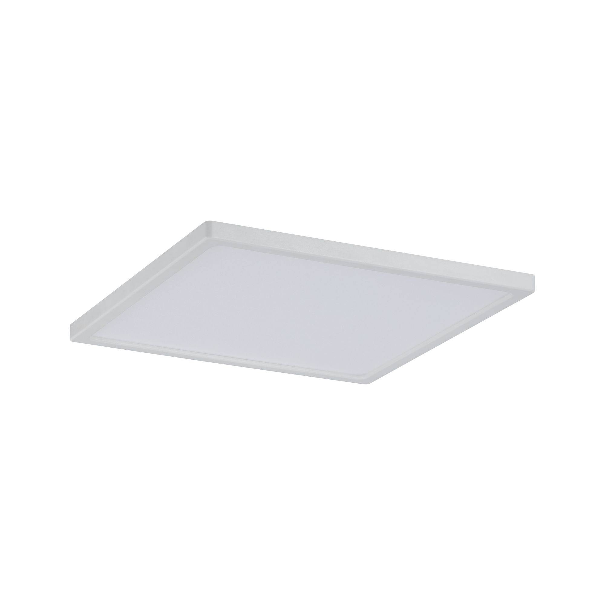 Čtvercové LED stropní svítidlo s bílým rámečkem. Vyzařuje rovnoměrné, měkké světlo a hodí se do moderních obytných prostor.