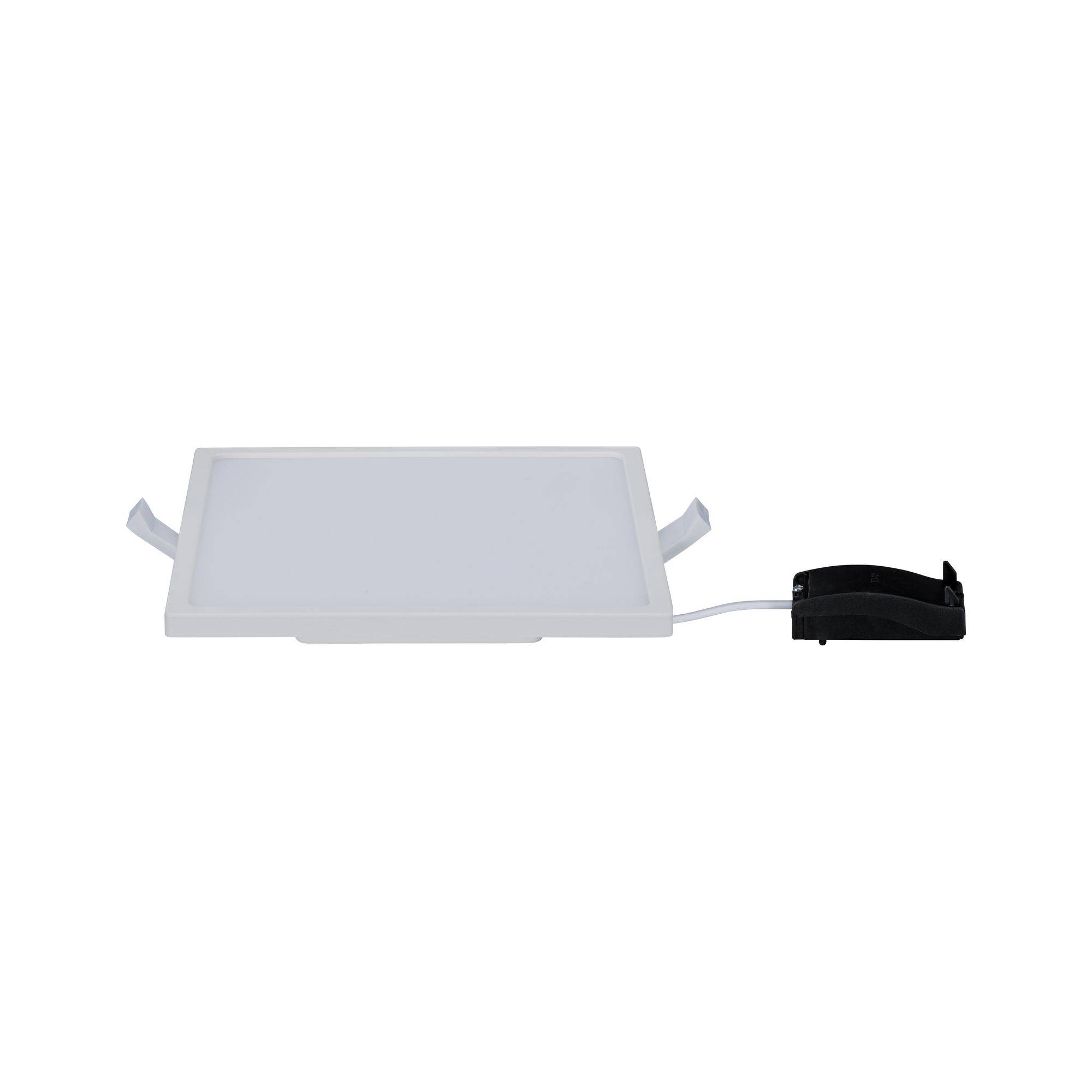Obdélníkový, bílý LED panel s připojeným černým napájecím zdrojem, vhodný pro čtvercová stropní svítidla.